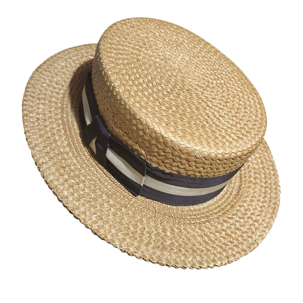 Vtg 1930s 1940s Mallory Fifth Avenue Cravanette Straw Boater Hat XLNT  SZ 6 3/4